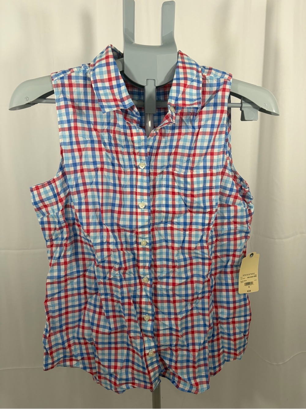 NWT St. John’s Bay Women’s Size Small Blue & Red Sleeveless Plaid Button-Up Top